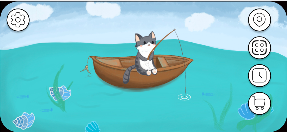 Fish for Study mobile game screenshot showing a cat fishing from a boat