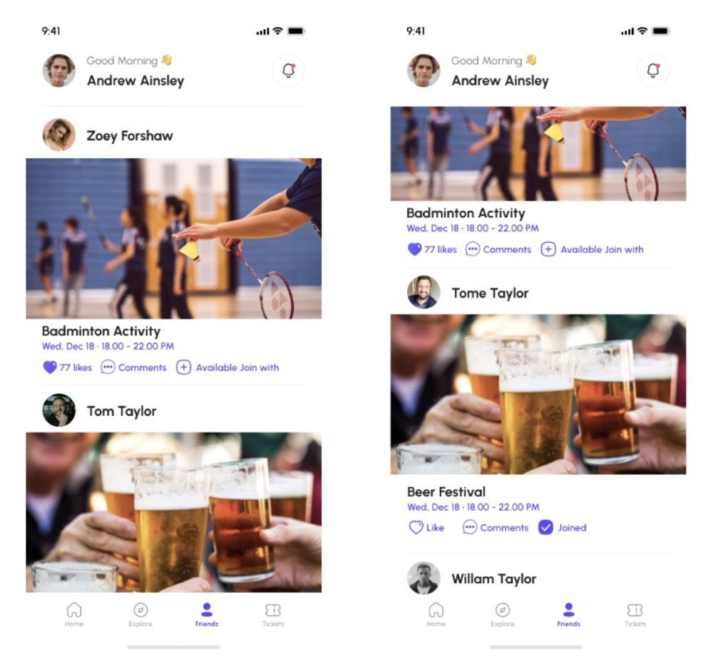 GlobalUP app feed showing a friend's badminton activity and beer festival event