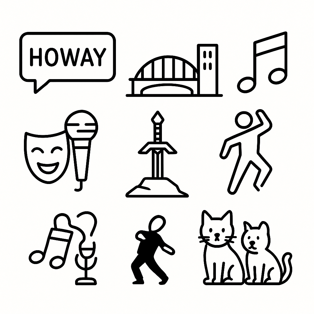 A grid of hand-drawn icons: a Howay speech bubble, the Tyne Bridge, a music note, theatre masks and a microphone, Excalibur, a dancing figure, karaoke, and two cats